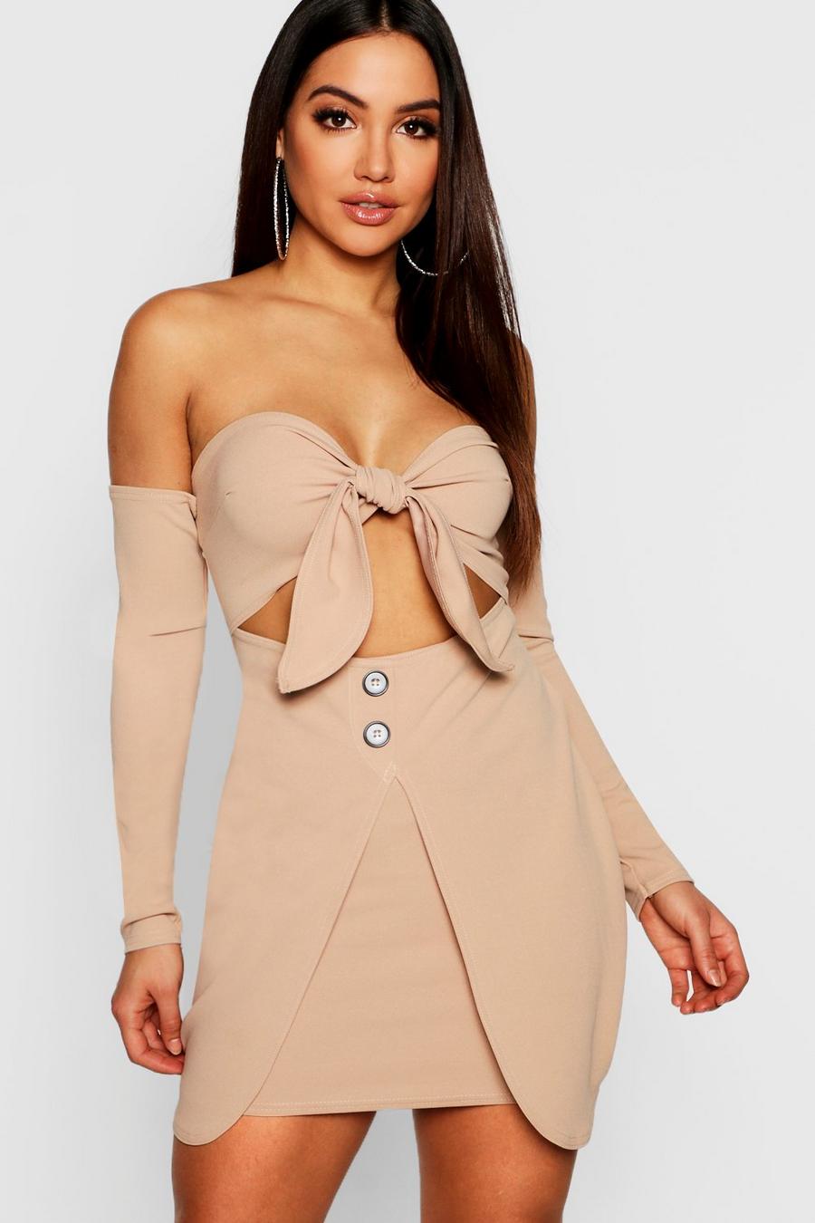 Stone Off The Shoulder Tie Front Bodycon Dress image number 1