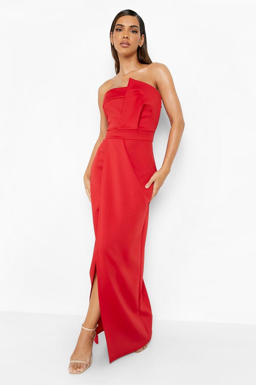 Red Bandeau Wrap Detail Split Maxi Bridesmaid Dress
