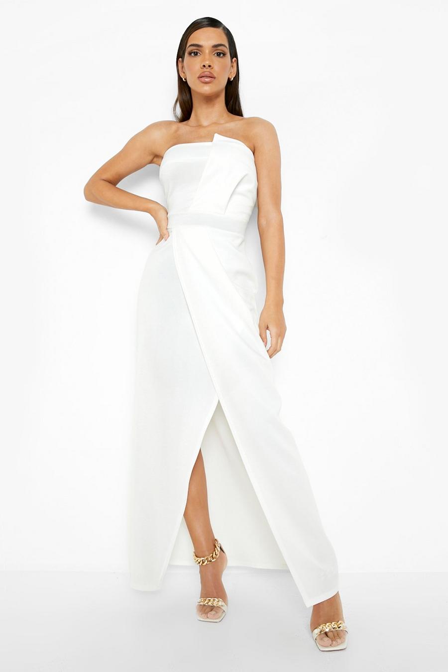 White Bandeau Wrap Detail Split Maxi Bridesmaid Dress image number 1