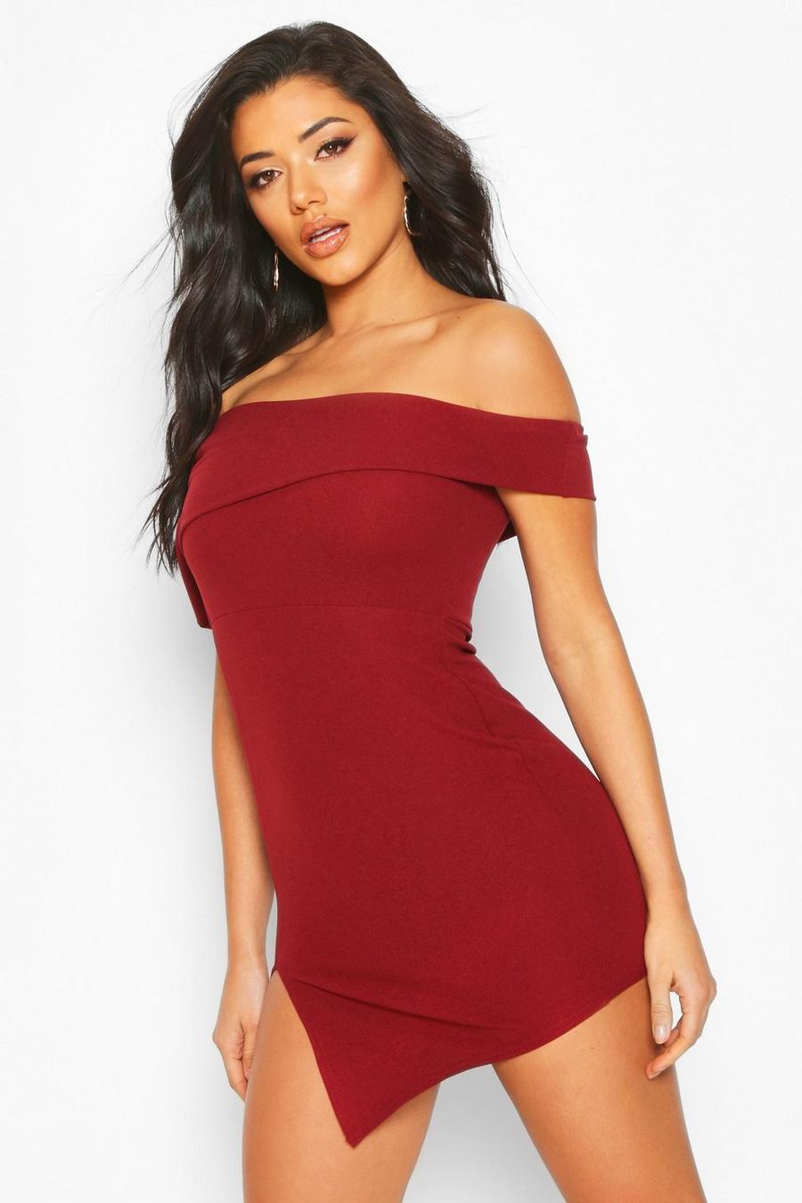 Berry Asymmetric Fold Over Bodycon Dress image number 1
