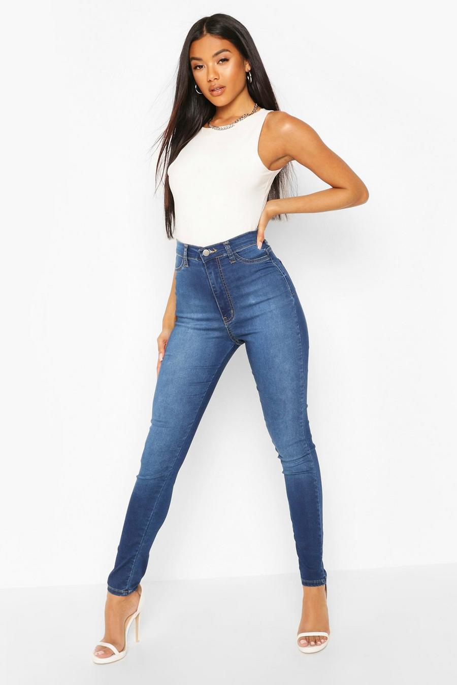 Power Stretch Skinny Jeans mit super hohem Bund, Mid blue image number 1