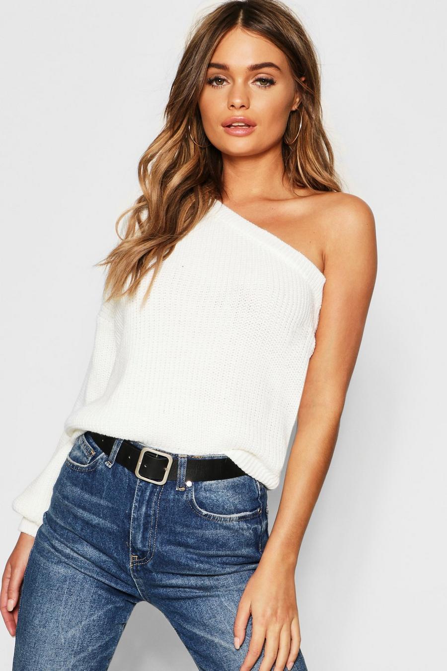 Cream One Shoulder Knitted Sweater image number 1