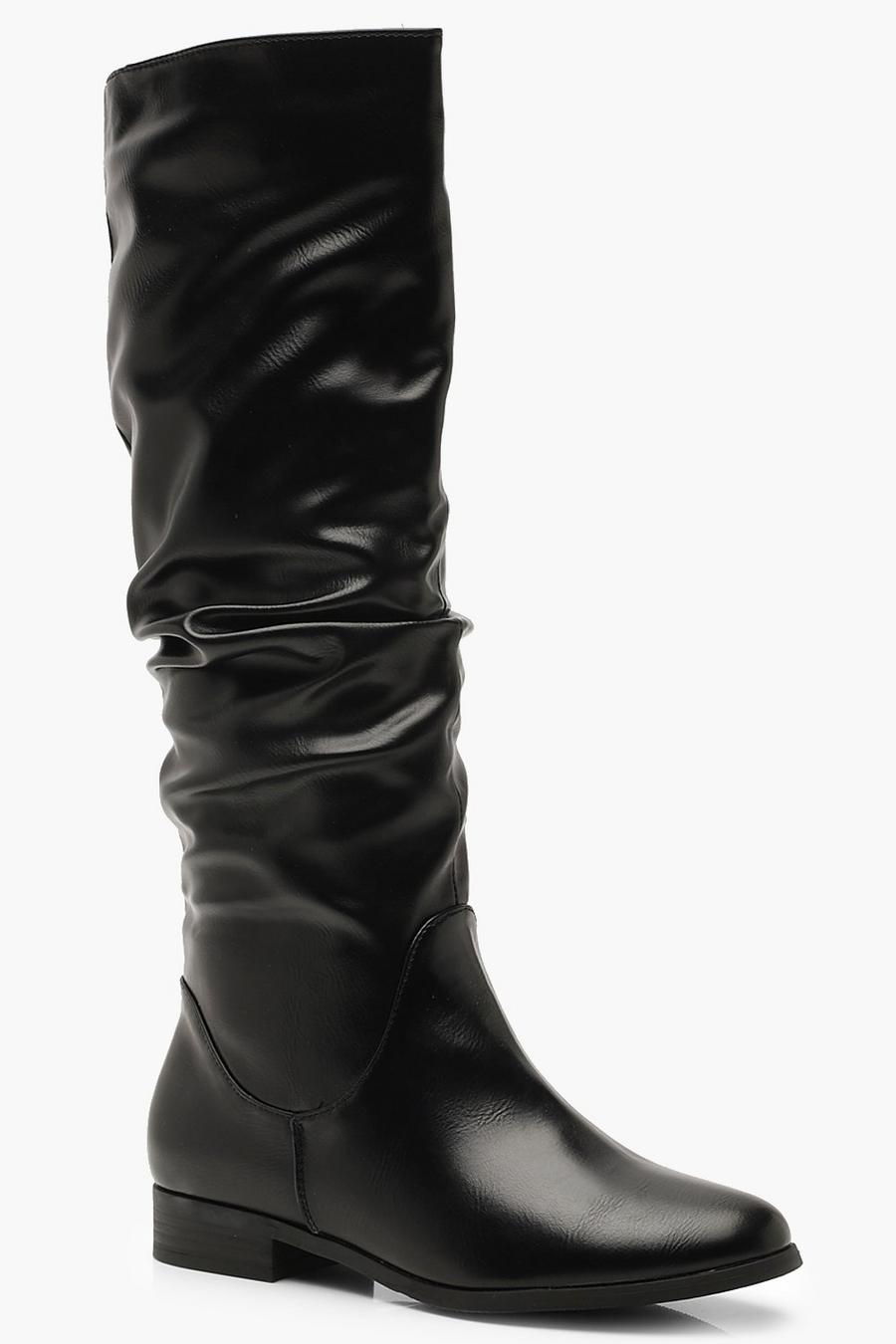 Black Ruched Knee High Boots