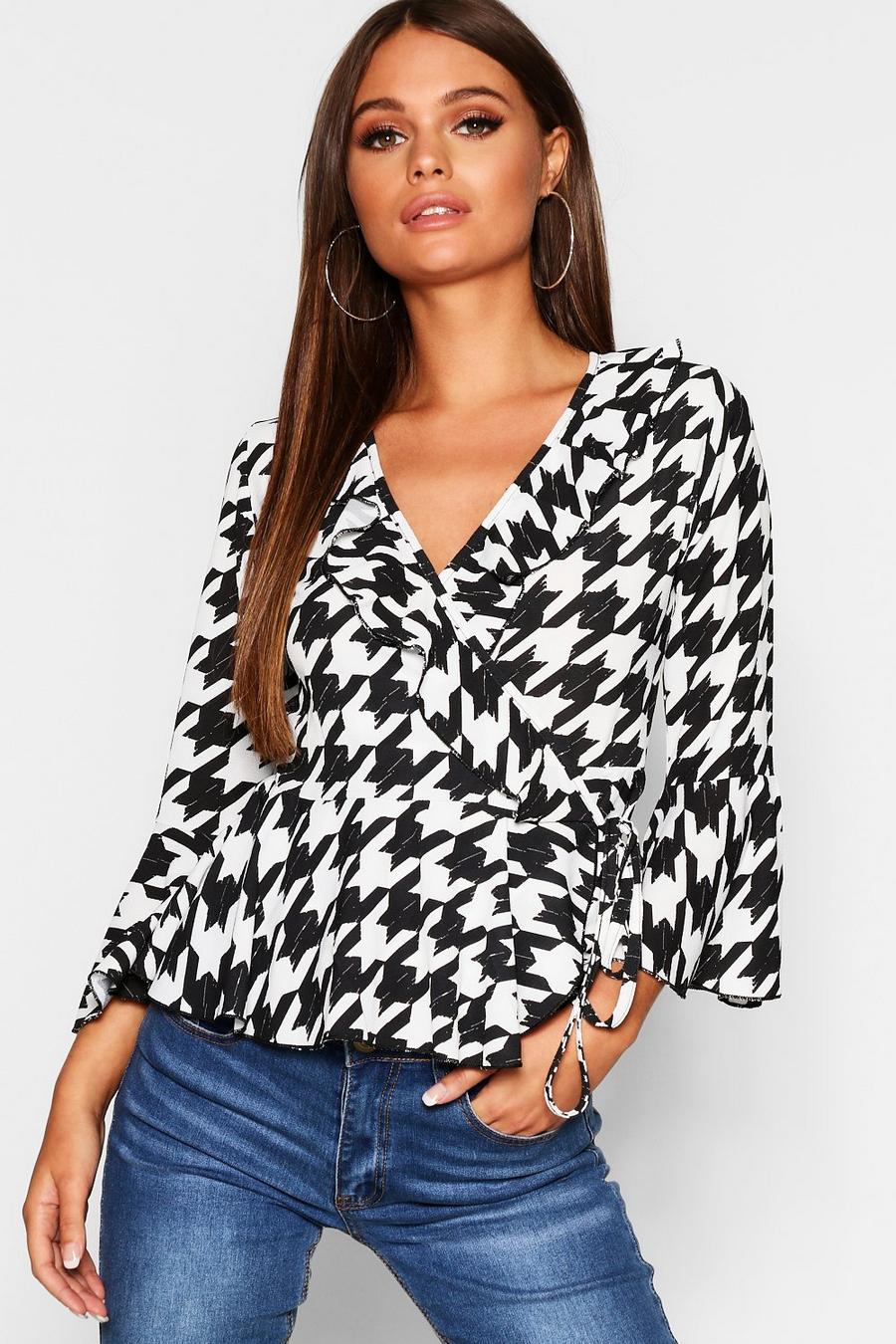 Black Dogtooth Ruffle Wrap Top image number 1