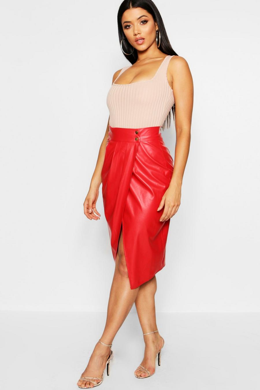 Pleat Wrap Front Faux Leather Midi Skirt image number 1