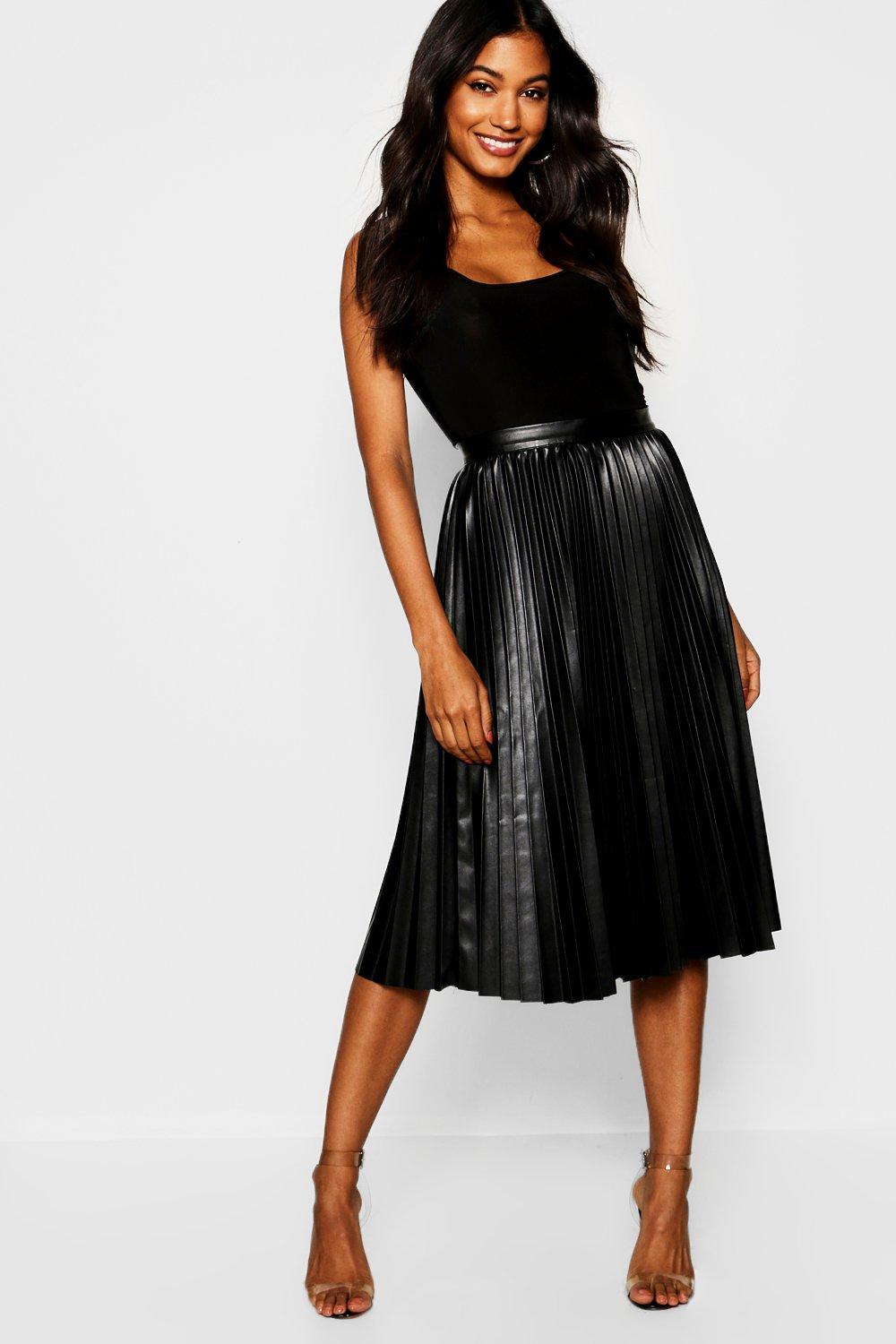 black pleated leather look skirt