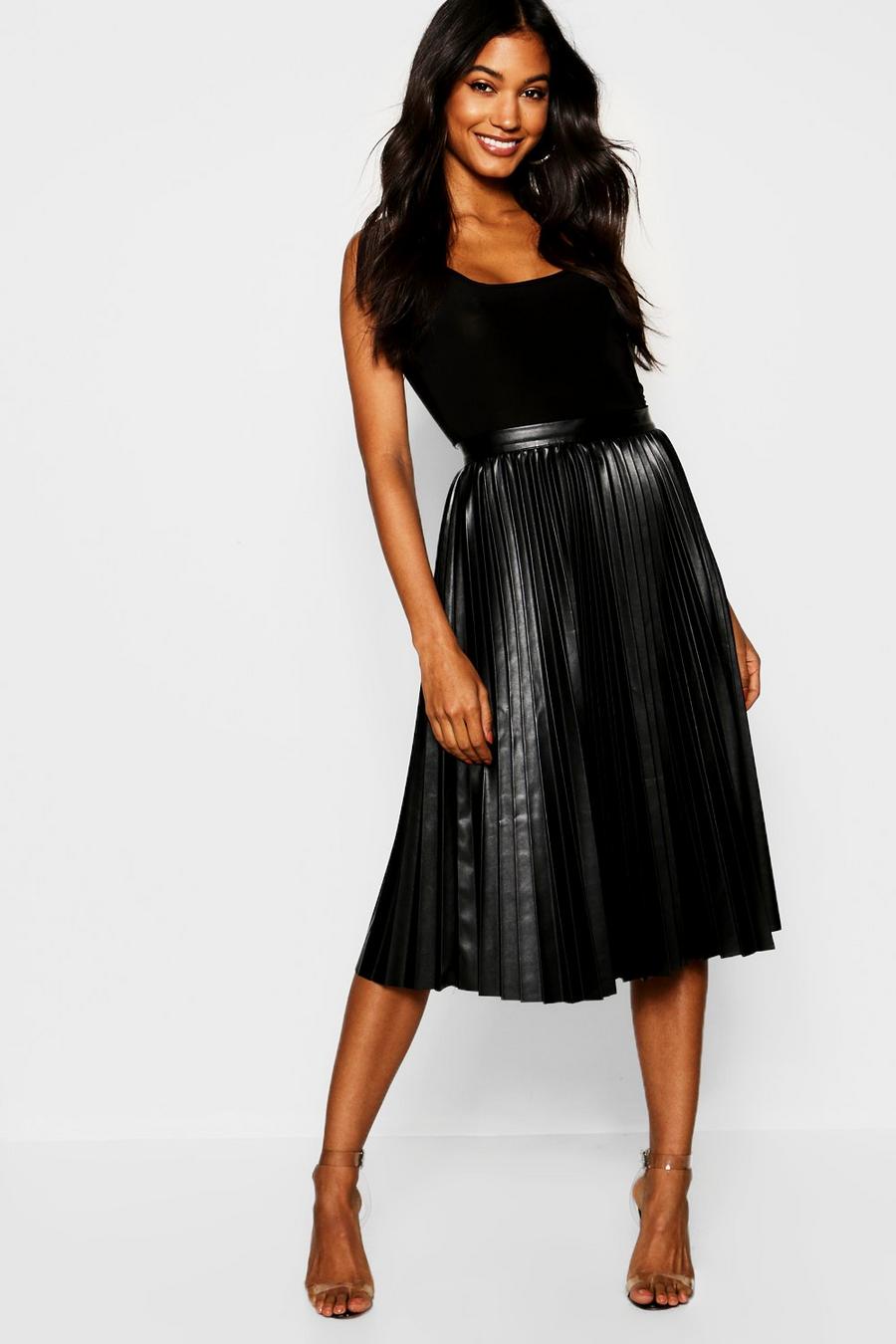Falda midi plisada con efecto de cuero, Negro image number 1