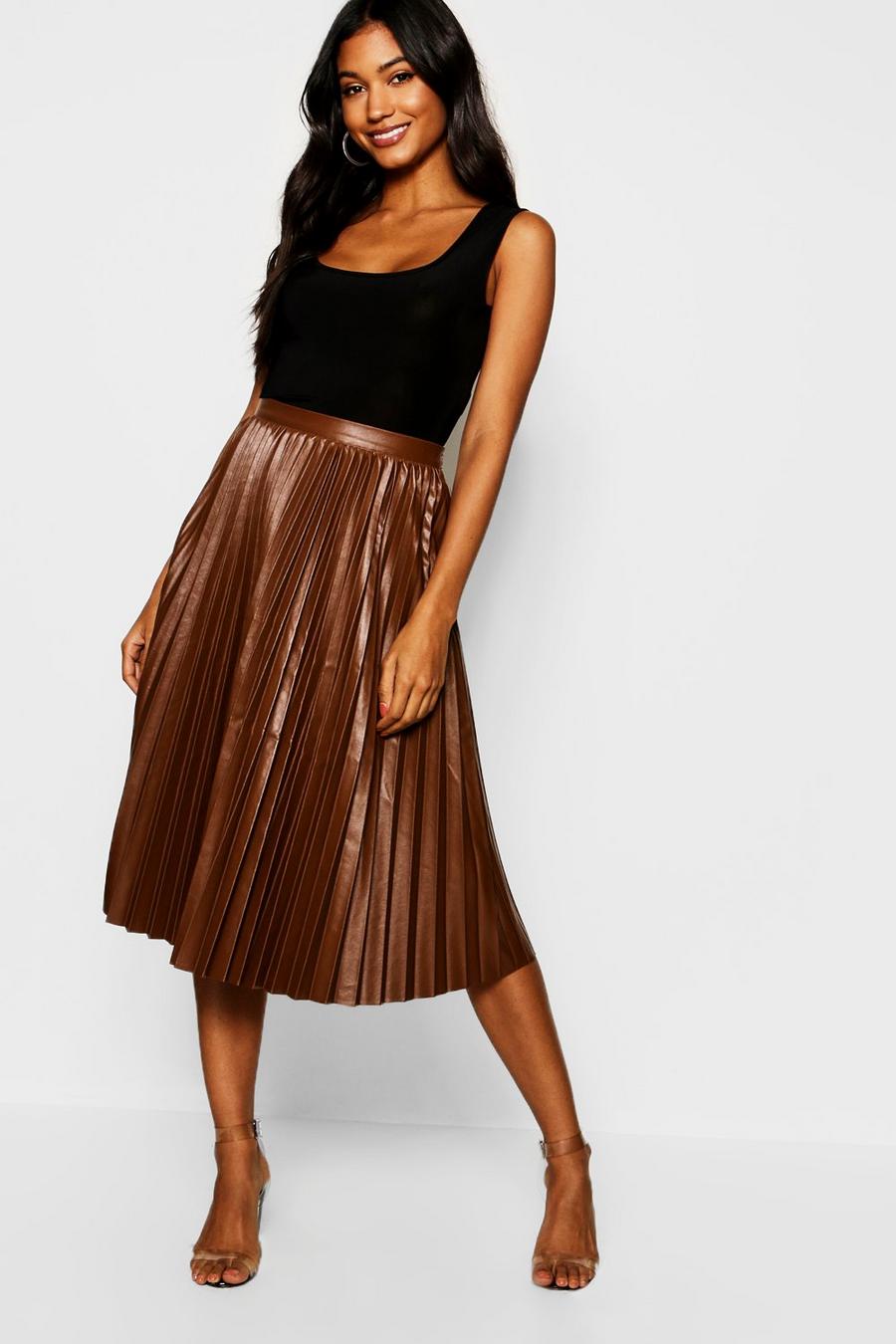 Chocolate Pleated Faux Leather Midi Skirt image number 1