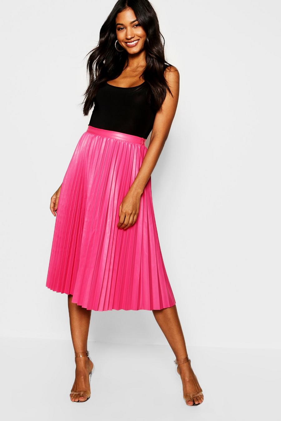 Pink Pleated Faux Leather Midi Skirt image number 1