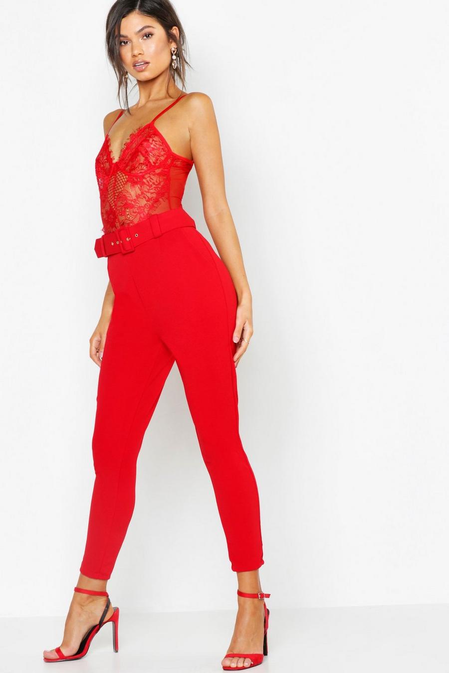 Red High Waist Belted Cigarette Trousers image number 1
