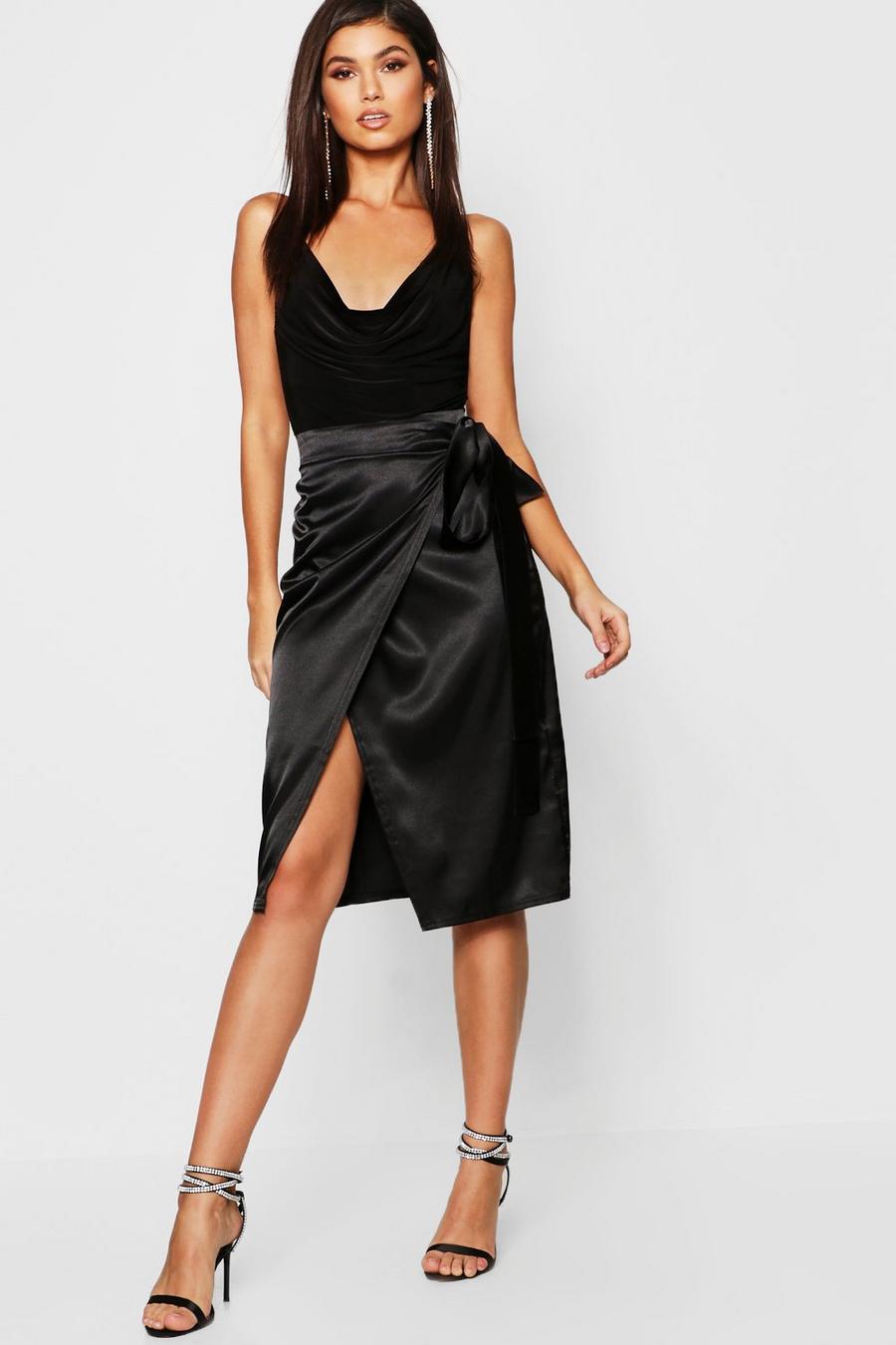 Black Satin Wrap Midi Skirt image number 1