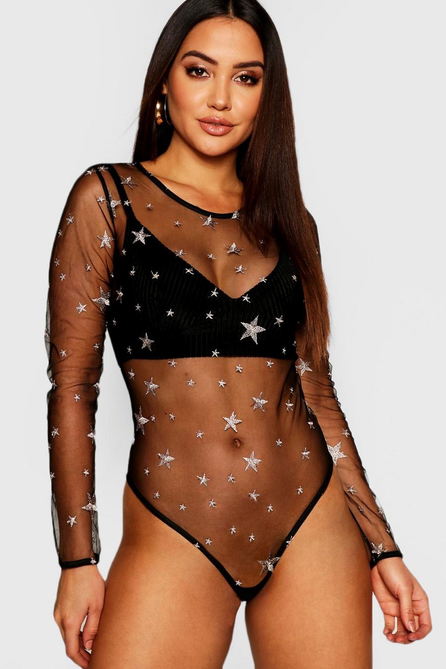 Black Embroidered Star Mesh Bodysuit image number 1