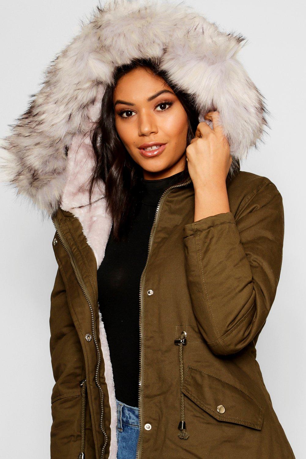 Khaki fur outlet lined parka