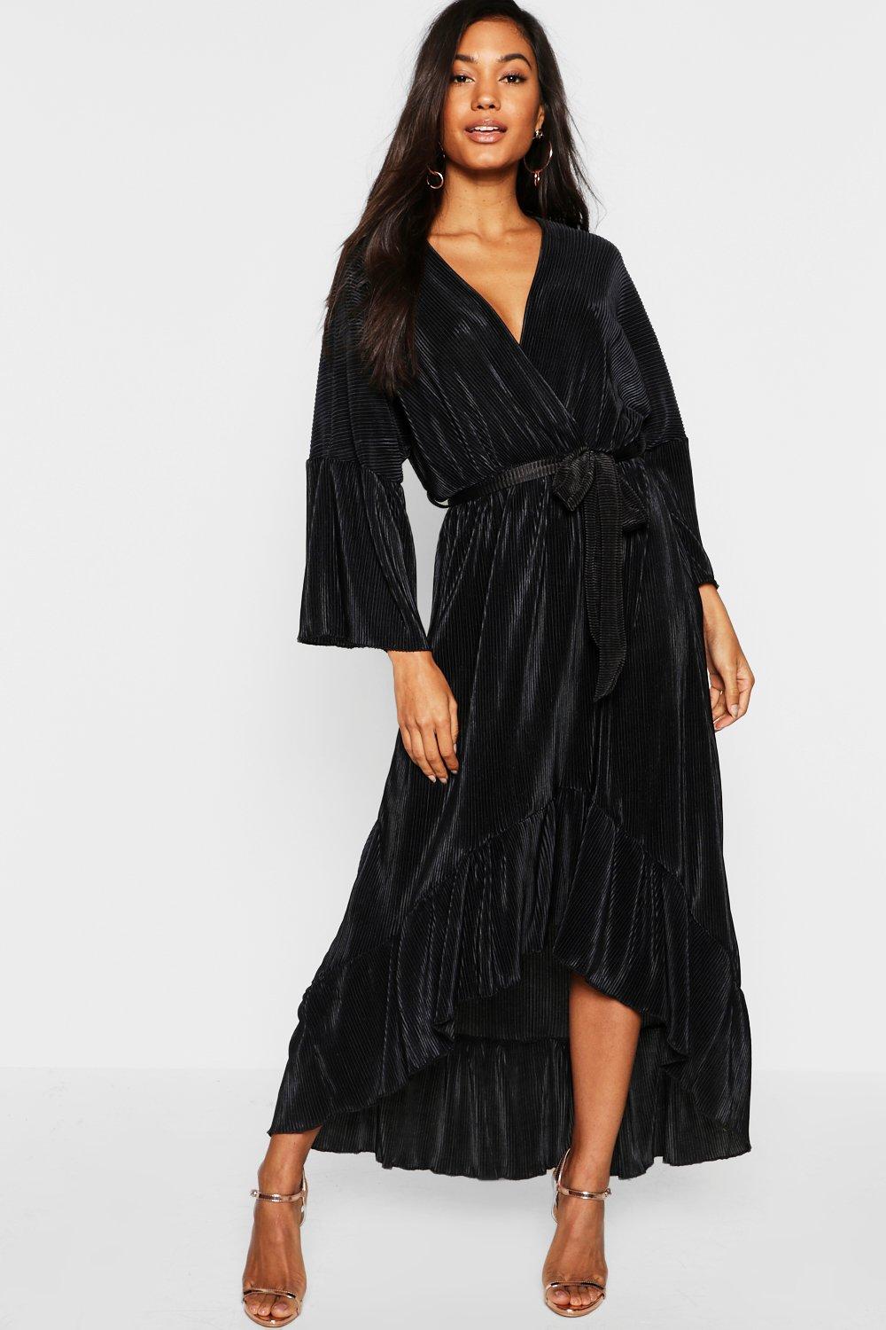 black plisse wrap dress
