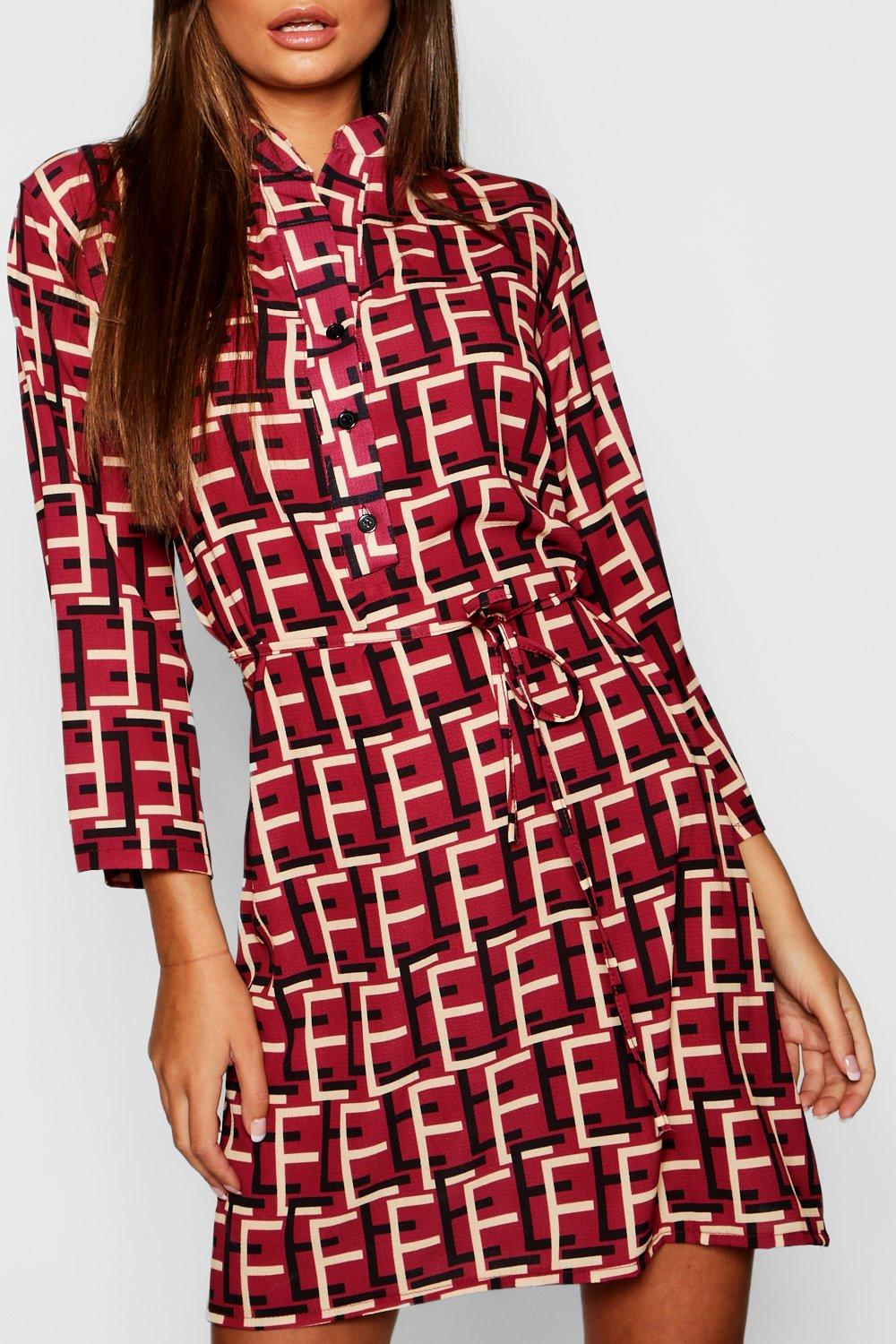 boohoo geo print shirt dress