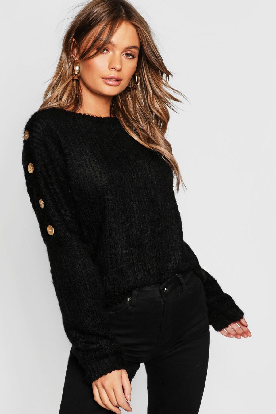 Black Button Detail Slouchy Knit Sweater image number 1