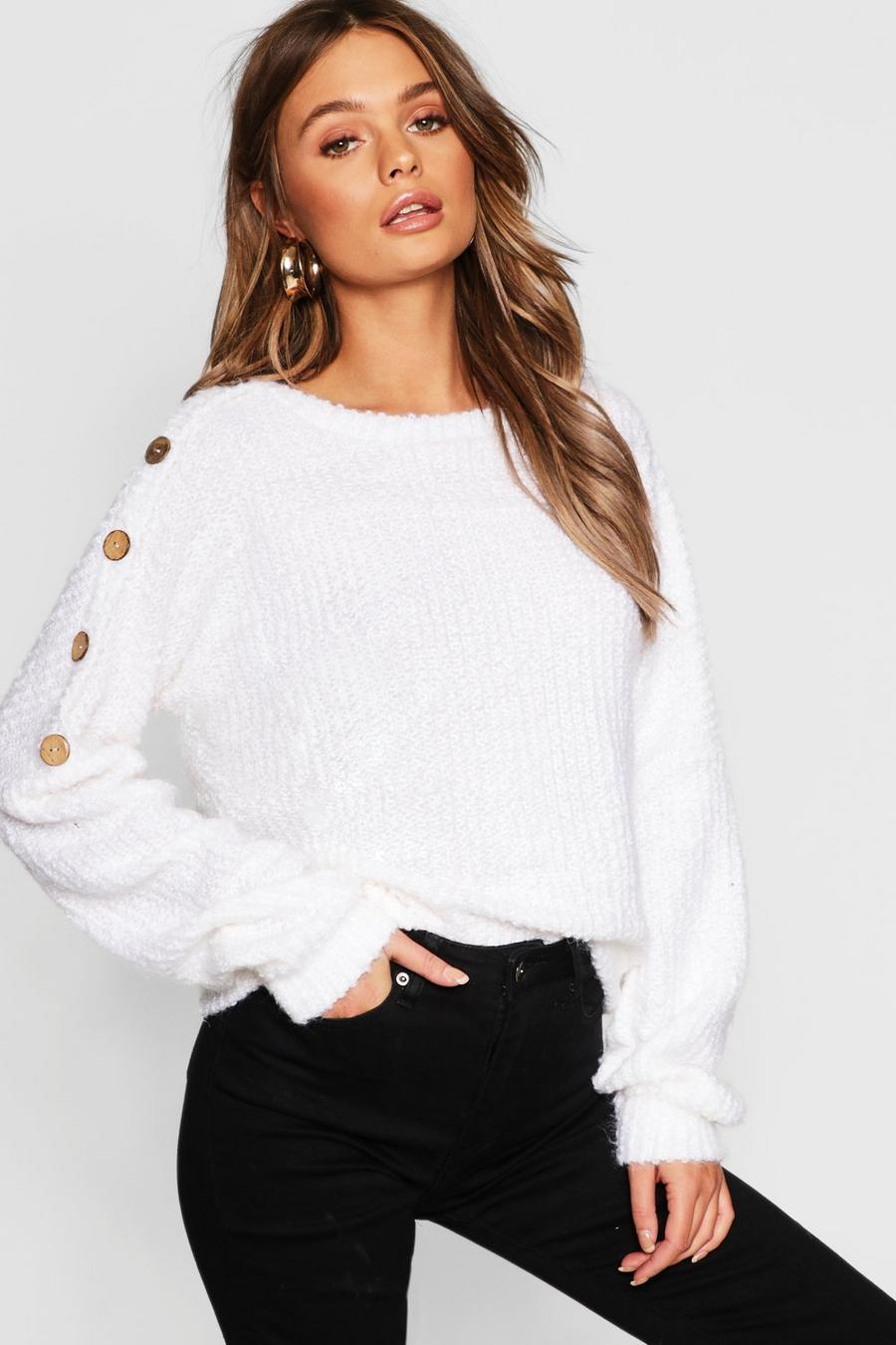 Cream Button Detail Slouchy Knit Jumper image number 1