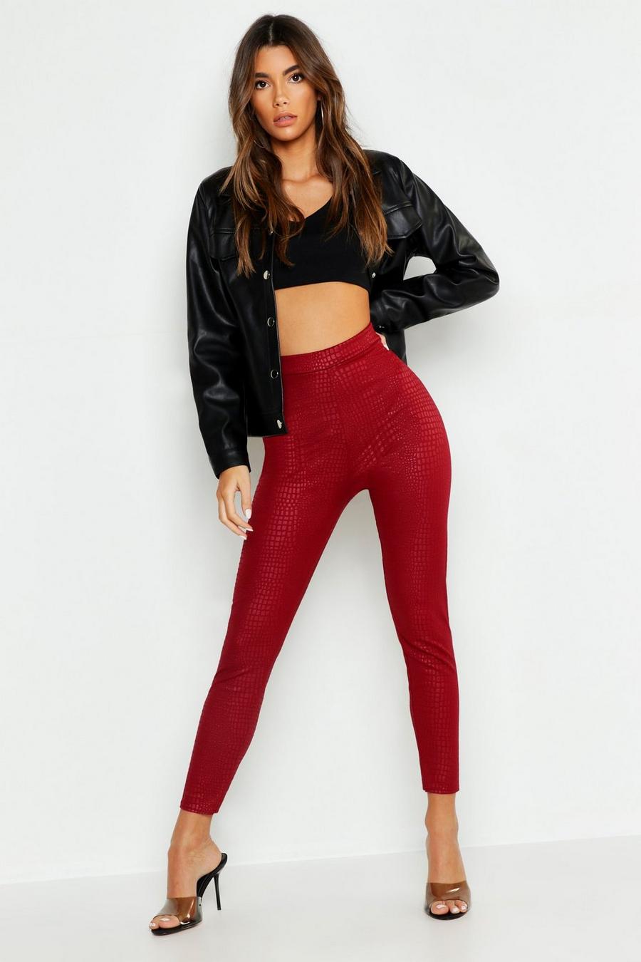 Wine Snake Embossed Faux Leather High Waist Leggings image number 1