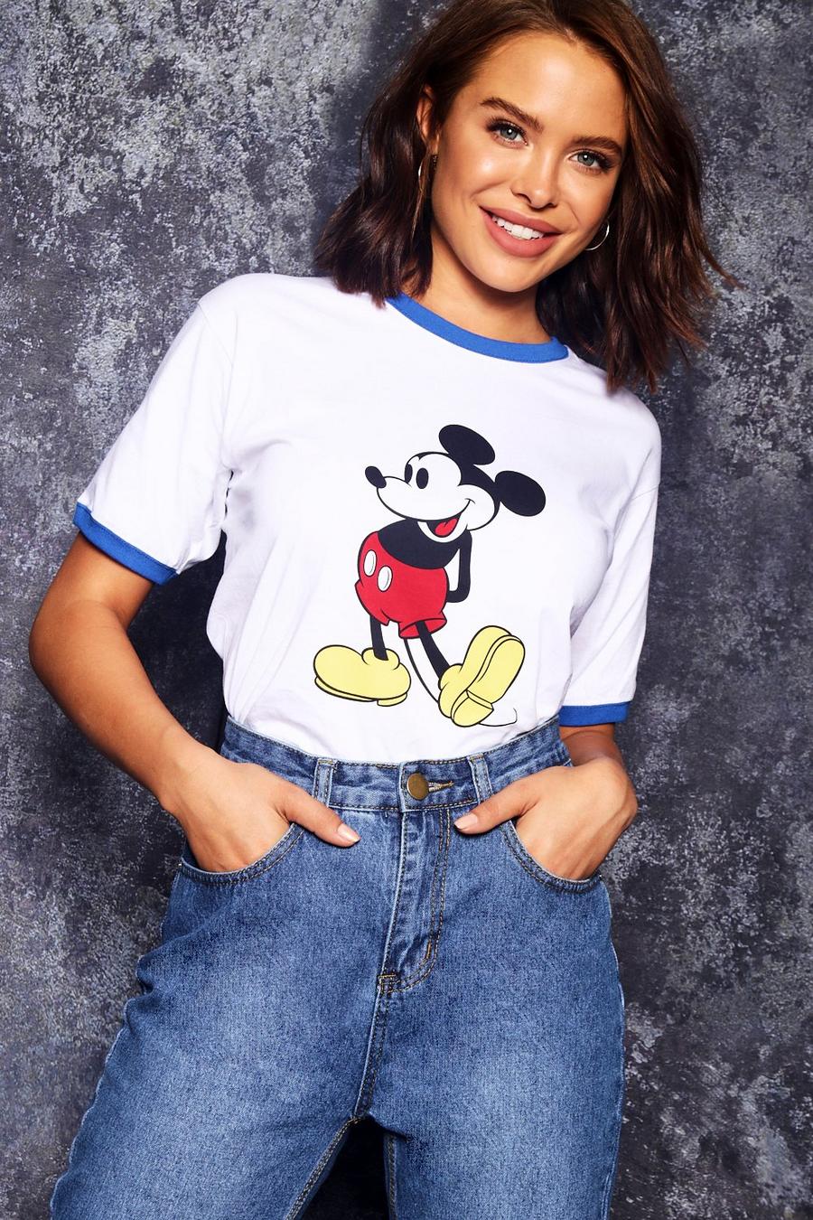 White Disney Mickey Contrast Ringer T-Shirt image number 1