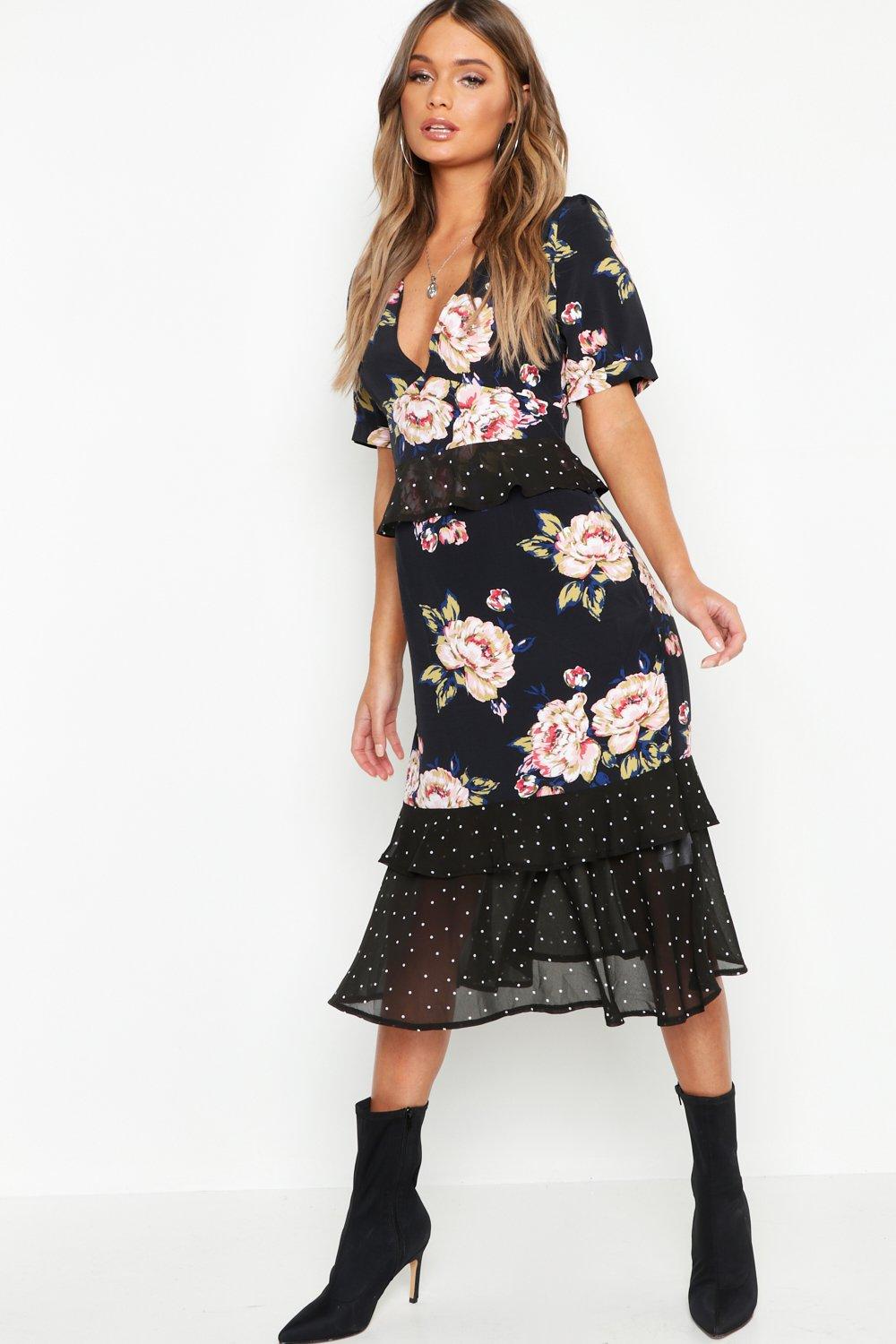 floral polka dot mix midi dress