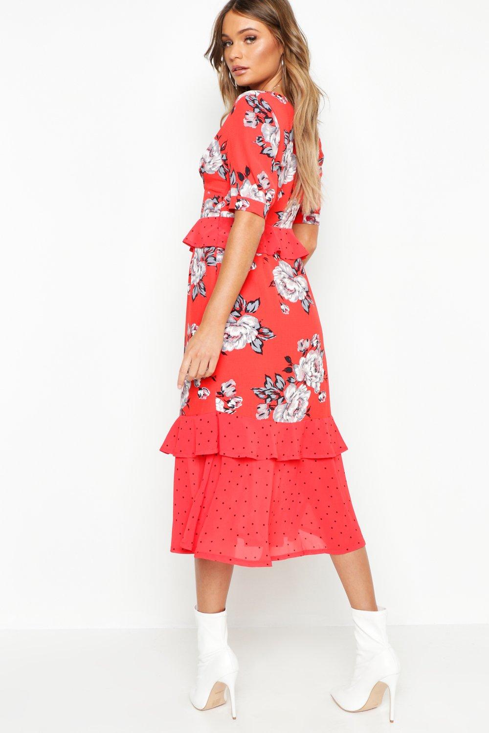 floral polka dot mix midi dress