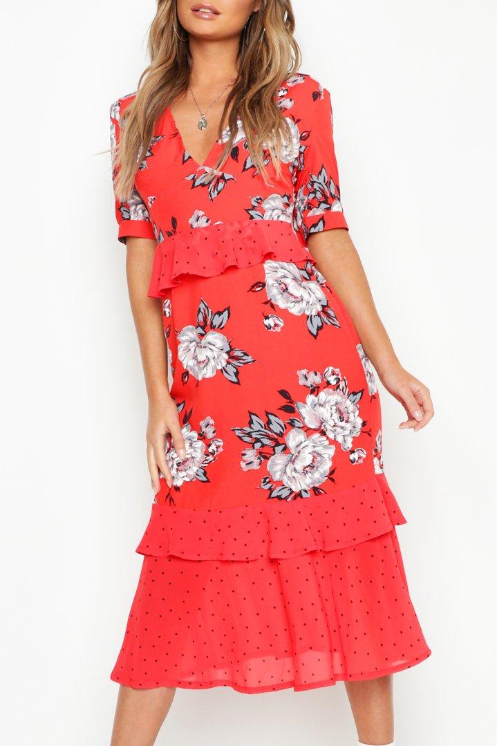 Floral Polka Dot Mix Midi Dress | boohoo