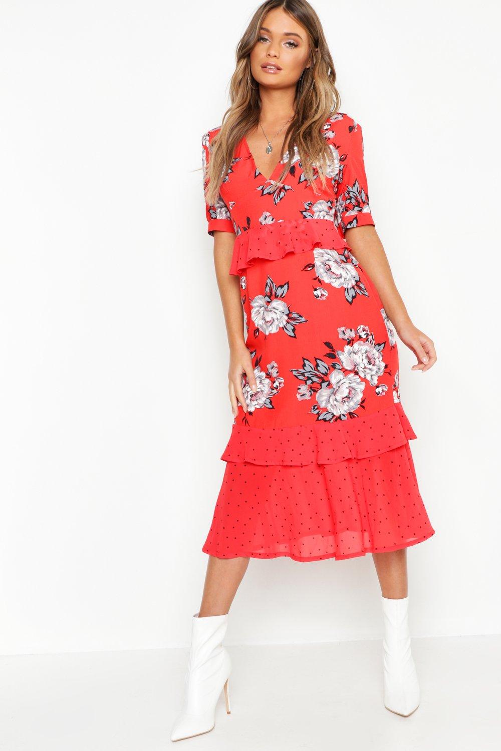 Floral Polka Dot Mix Midi Dress | Boohoo UK