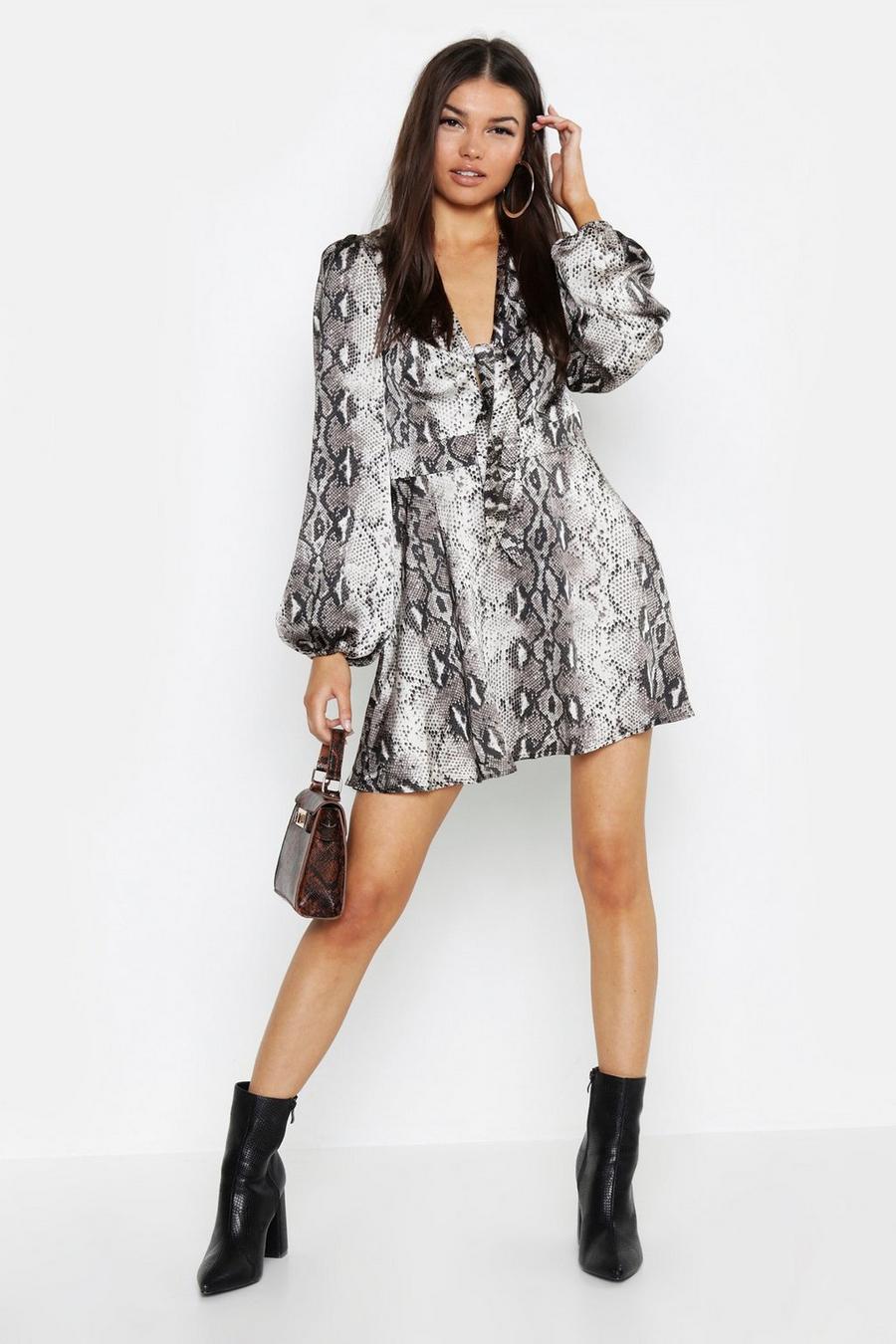 Knot Front Blouson Sleeve Snake Print Skater Dress image number 1