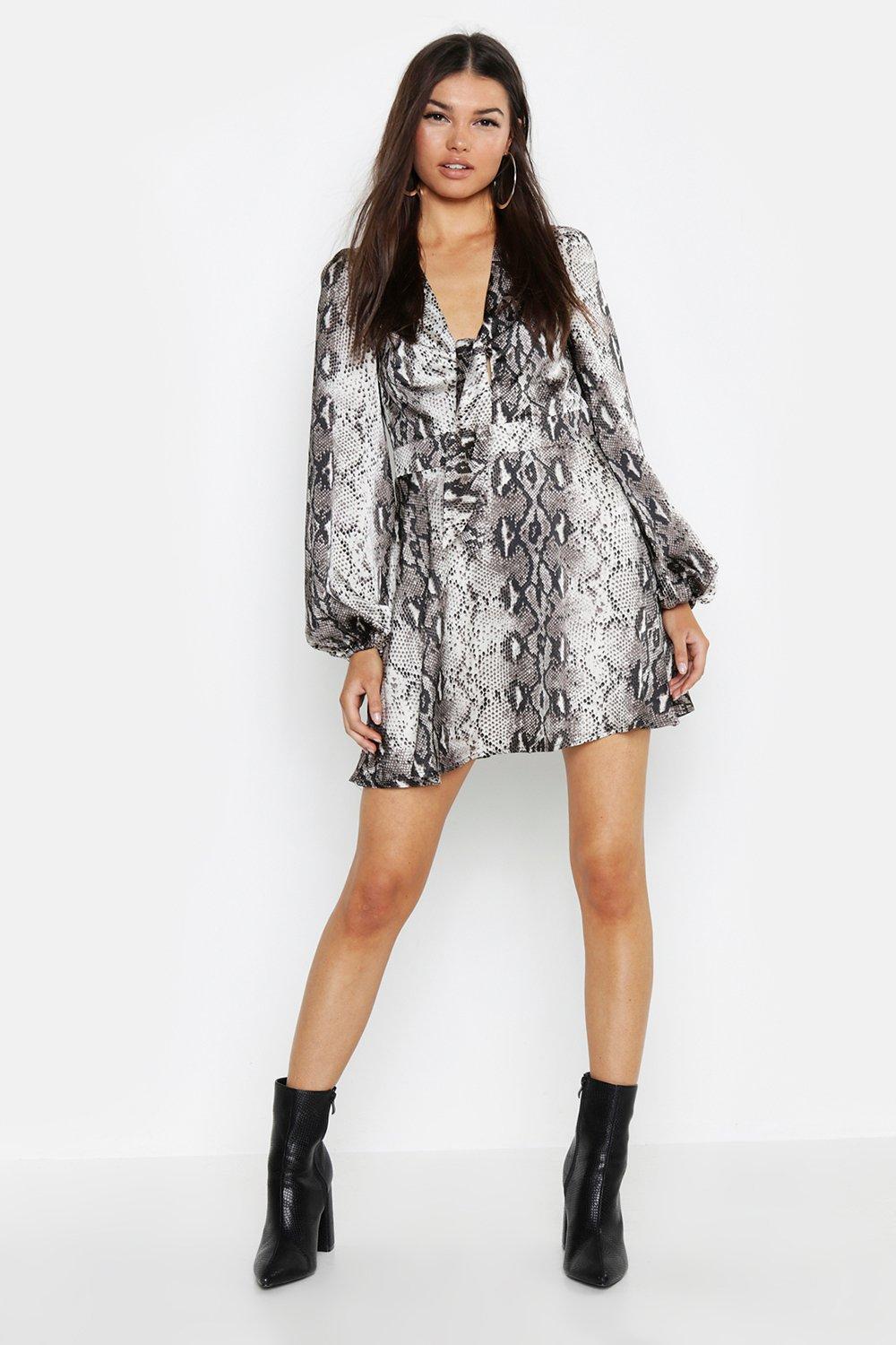Knot Front Blouson Sleeve Snake Print Skater Dress