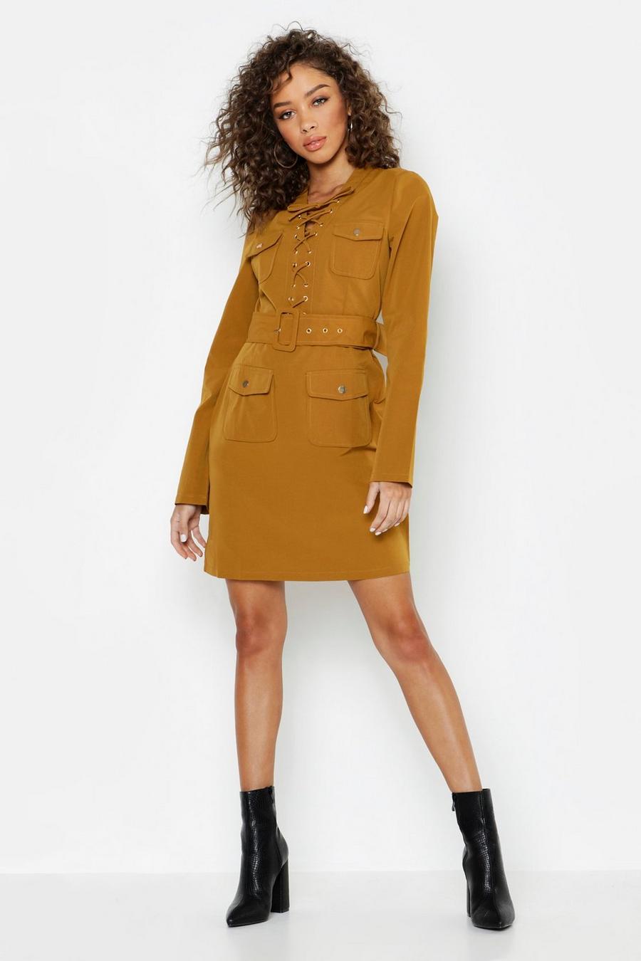 Chartreuse Lace Up Front Utility Mini Dress image number 1