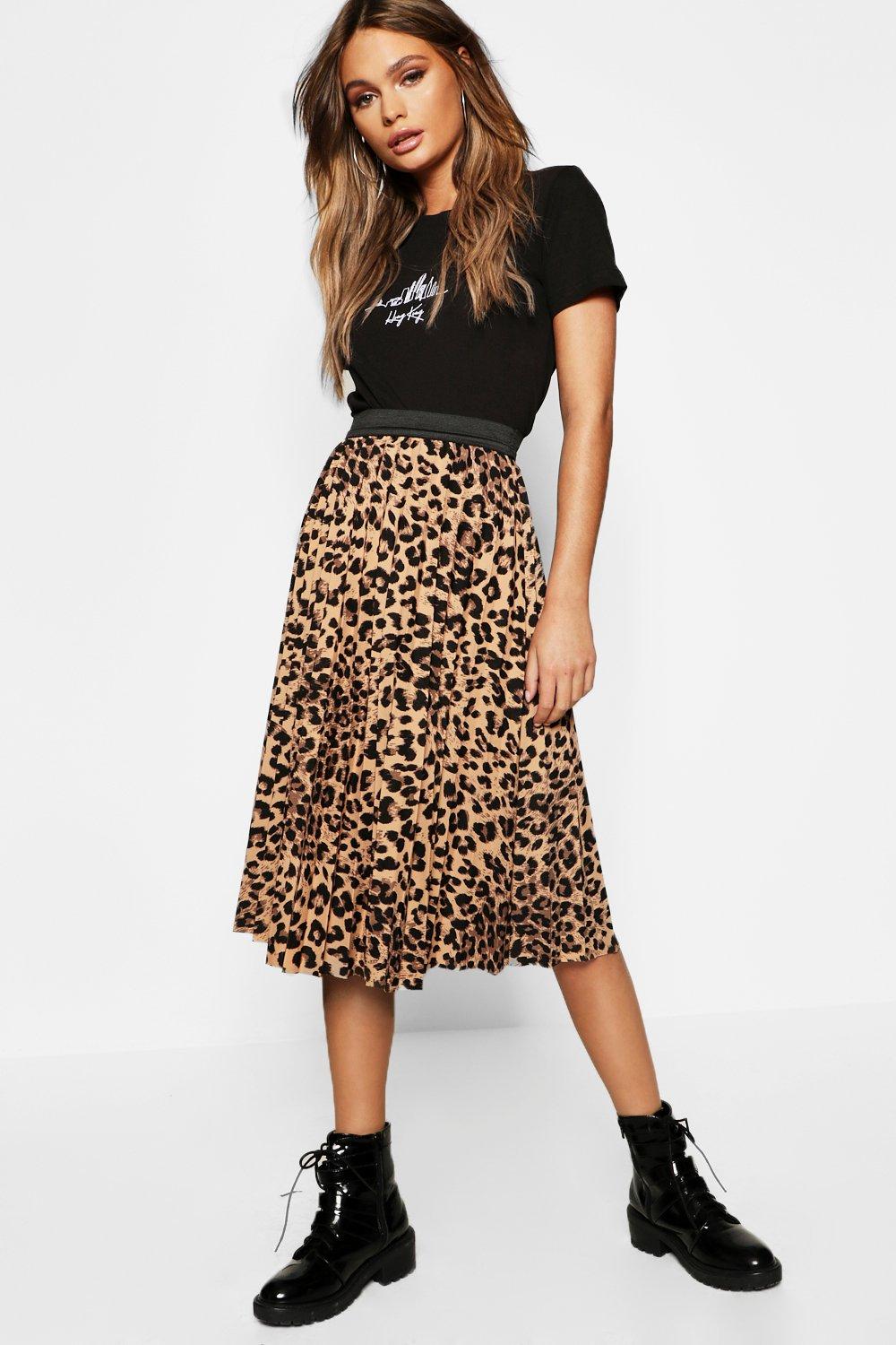 Leopard Print Pleated Midi Skirt | boohoo