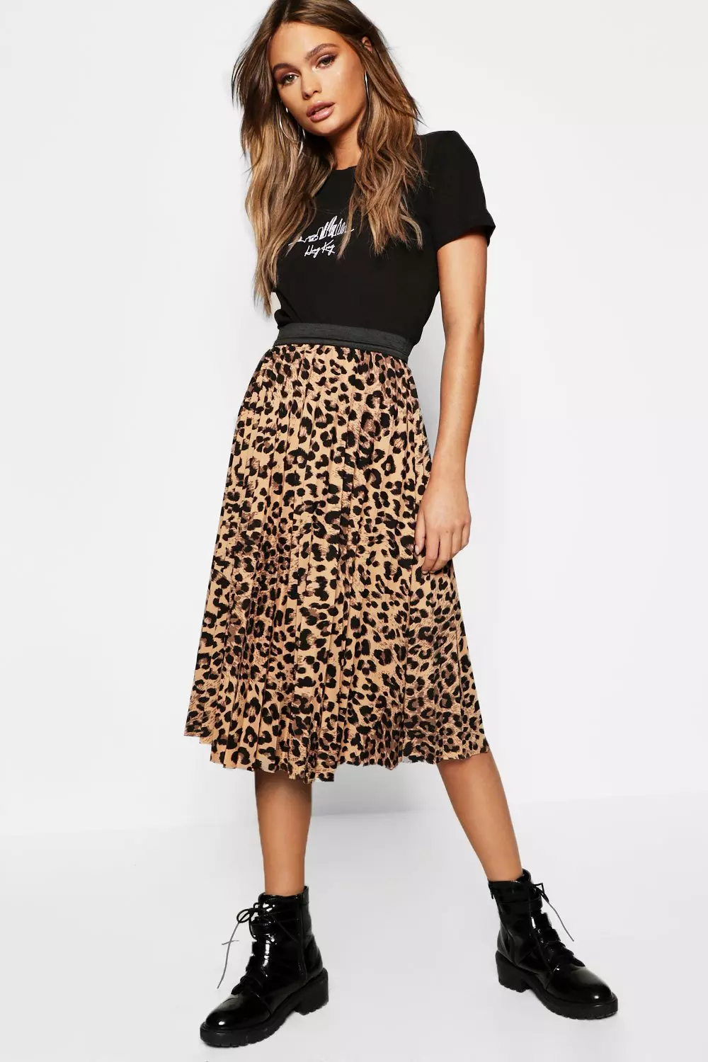 Brown Leopard Print Pleated Midi Skirt alternative image