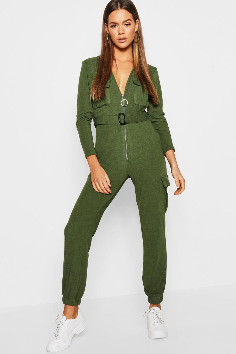 Khaki Zip Front Knitted Utility Jumpsuit image number 1
