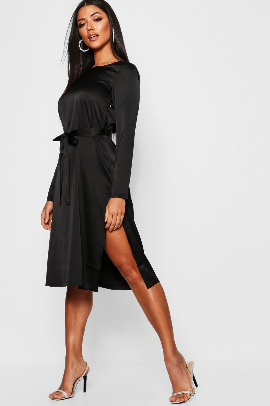 Black Satin Long Sleeved Tie Waist Midi Slip Dress image number 1