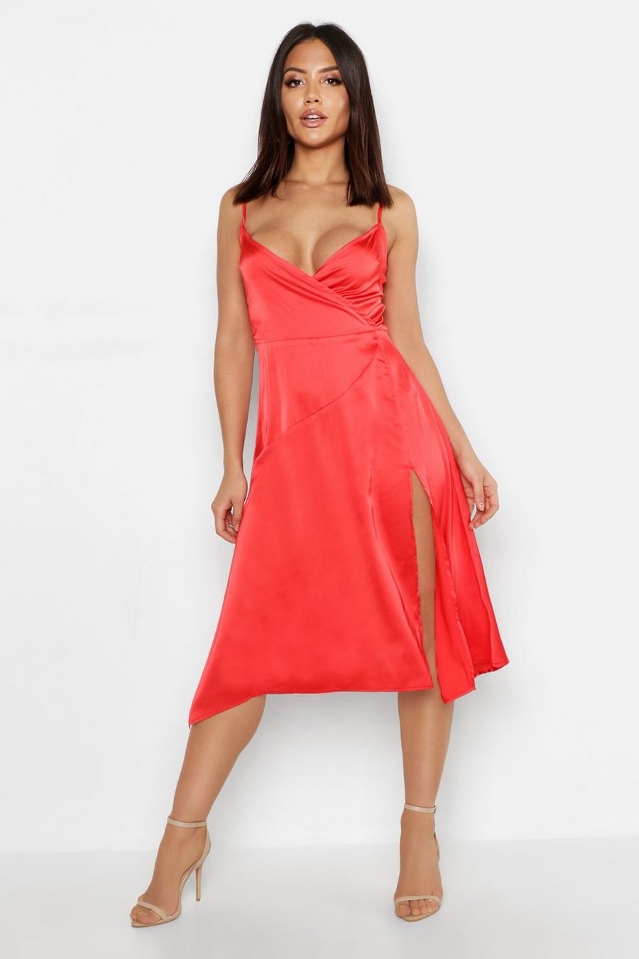 Red Strappy Satin Wrap Midi Dress image number 1