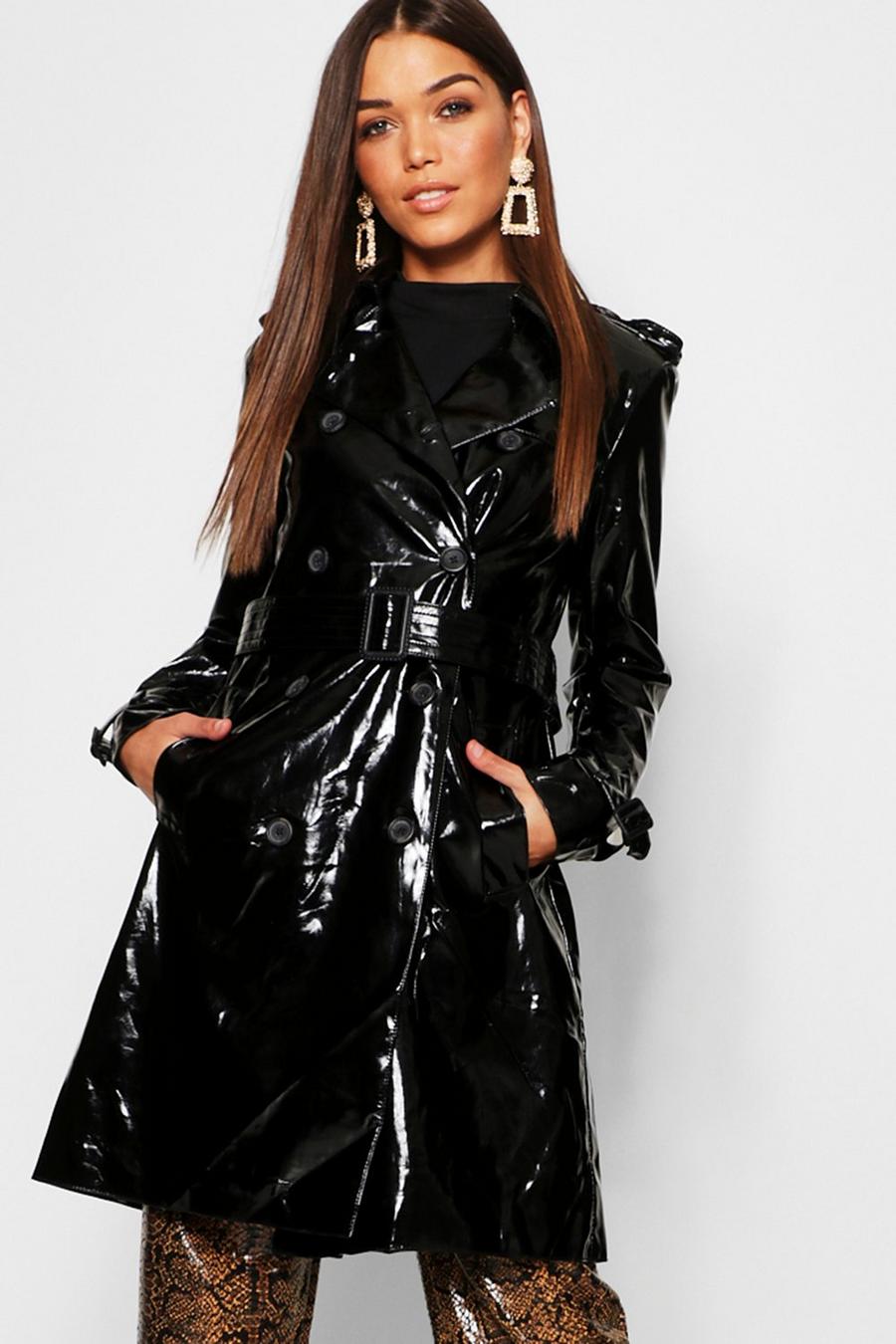 Trench con cintura in PVC, Nero image number 1