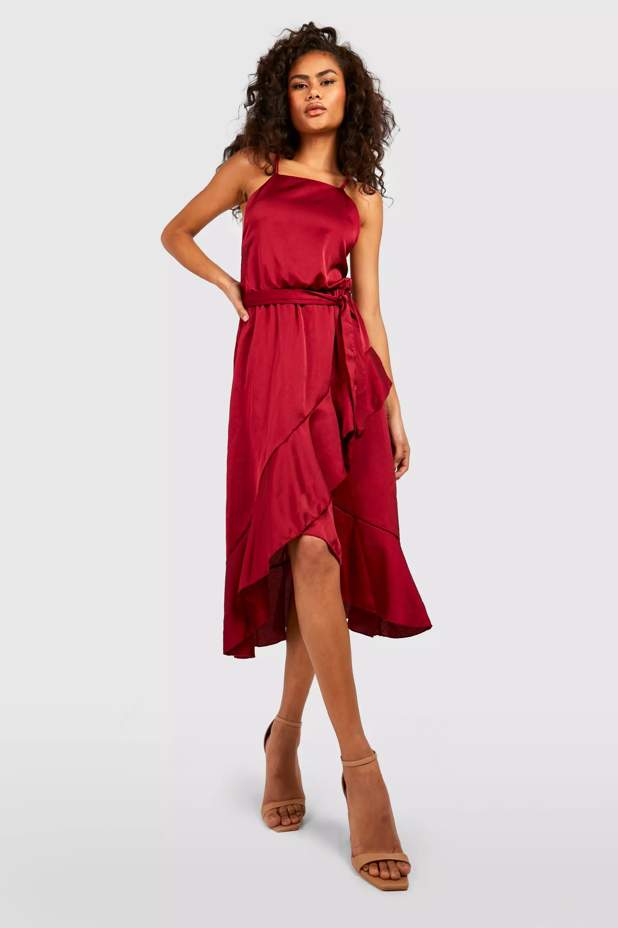 Satin frill wrap midi hot sale dress