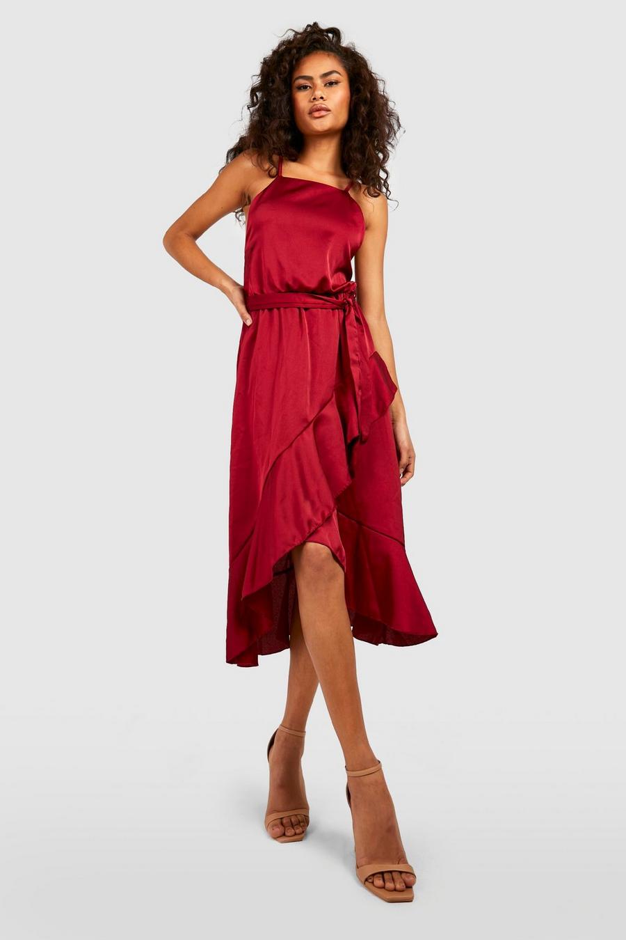 Berry rouge Satin Frill Wrap Midi Dress
