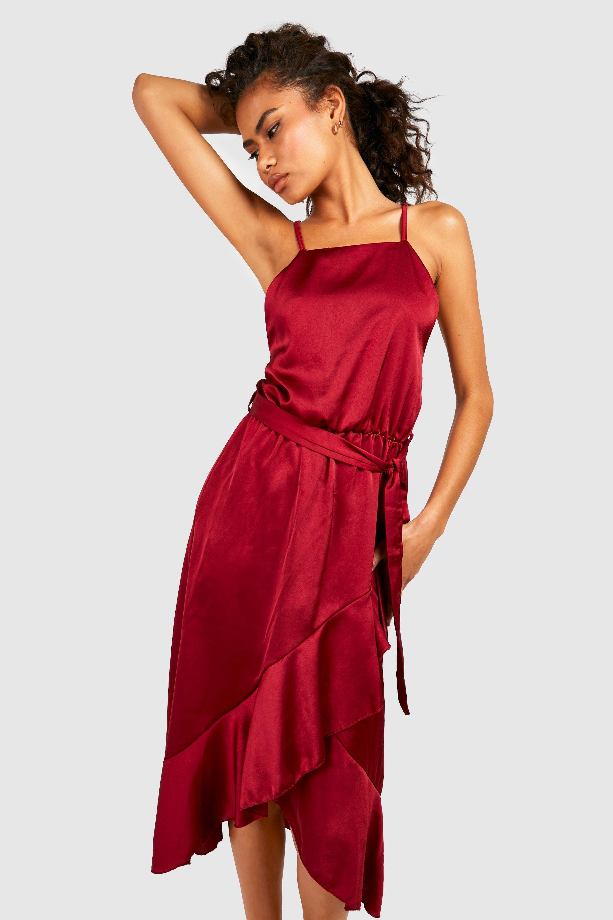 Satin frill hotsell wrap midi dress