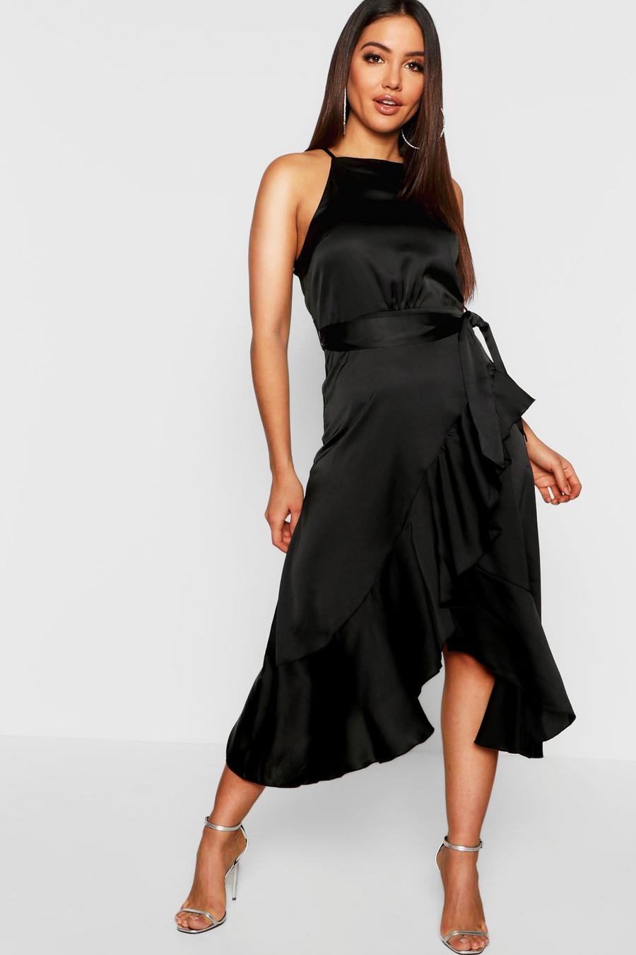 Black Satin Frill Wrap Midi Dress