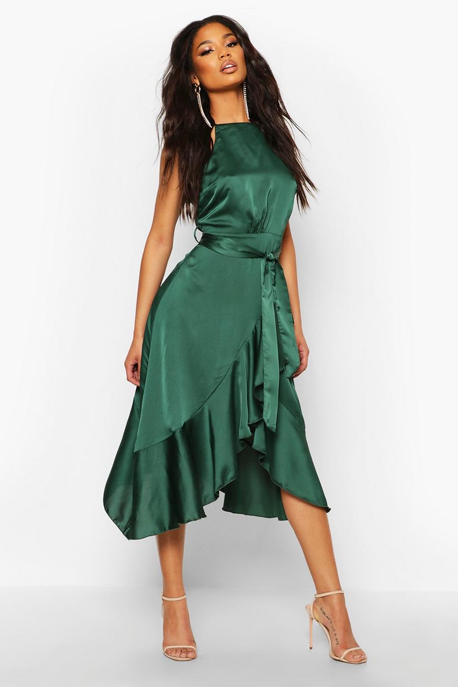 Emerald Satin Frill Wrap Midi Dress image number 1