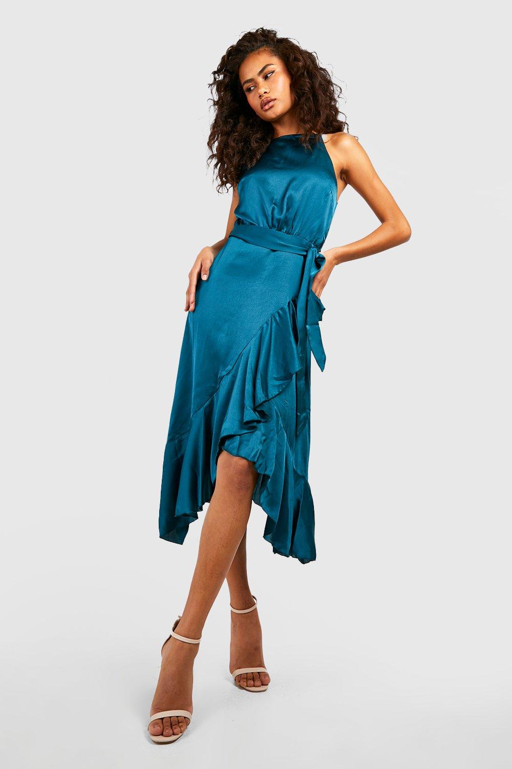 wrap over satin frill dress