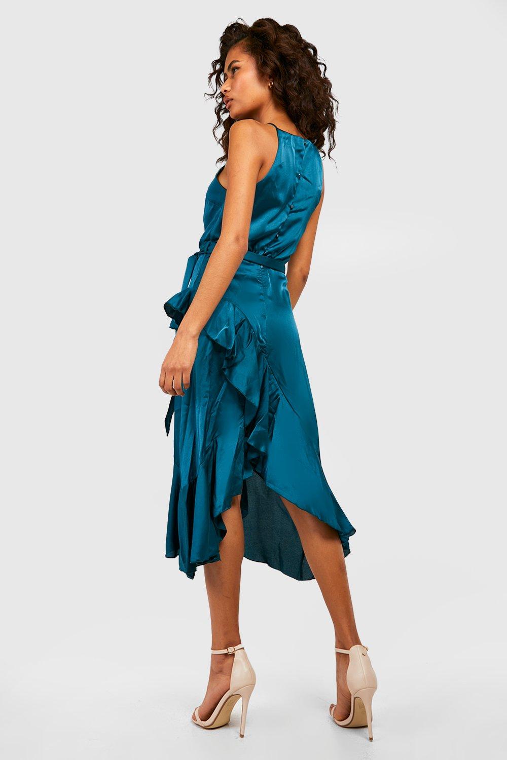 satin frill wrap dress