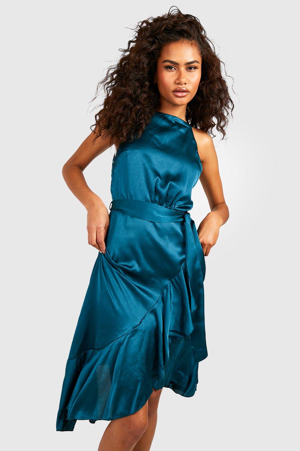 satin frill wrap dress