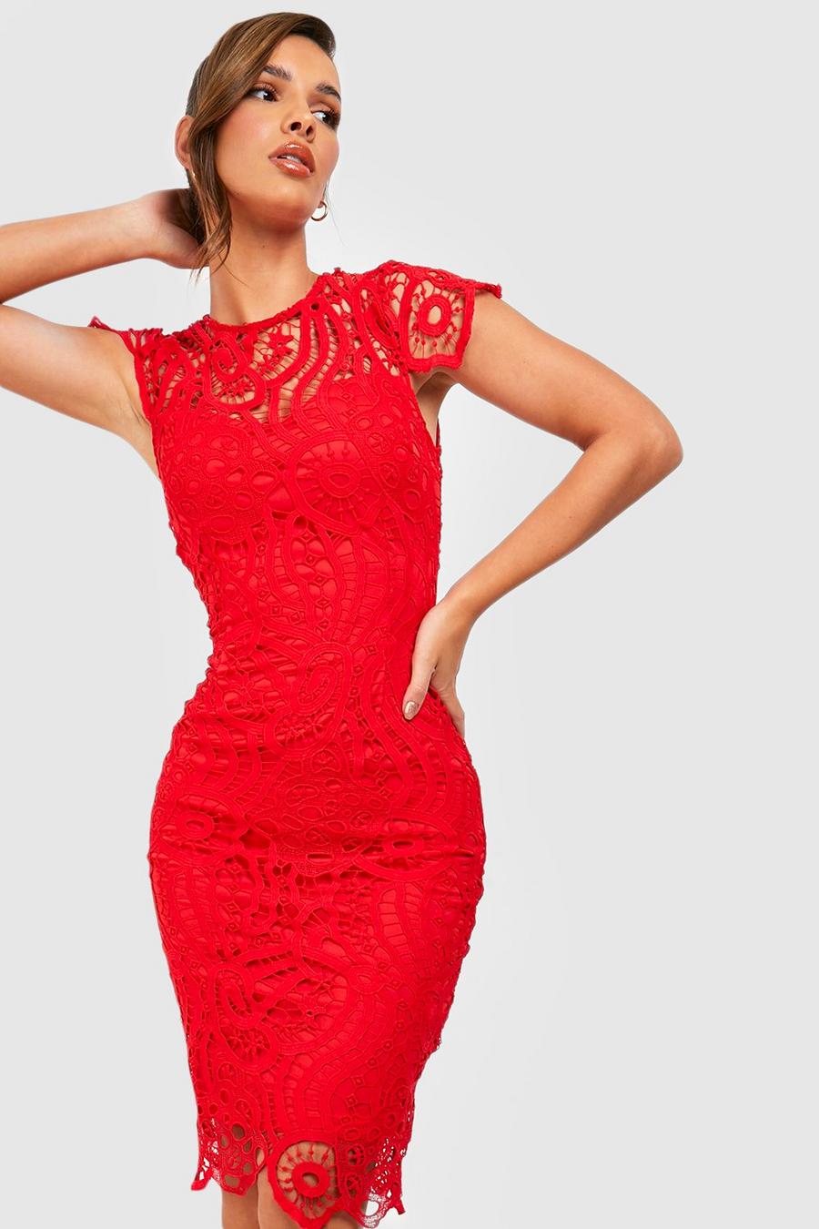 Berry red Lace Cap Sleeve Midi Dress