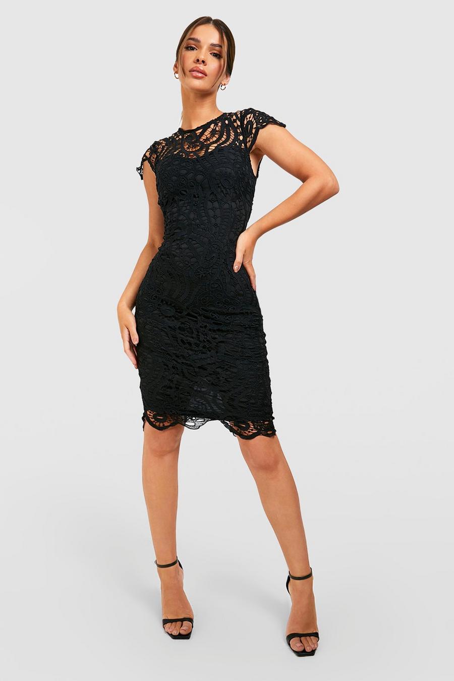 Black Lace Cap Sleeve Midi Dress image number 1