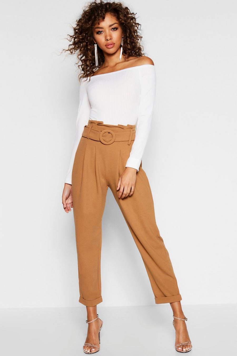Stone Paperbag Belted High Waist Cigarette Trousers image number 1