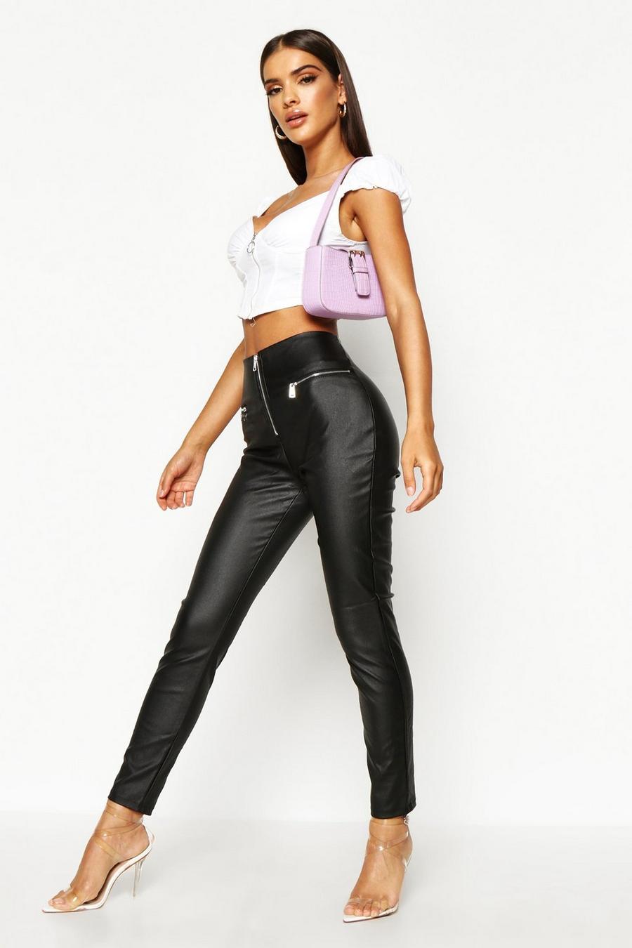 Black High Waist Leather Look Zip Side Pants image number 1