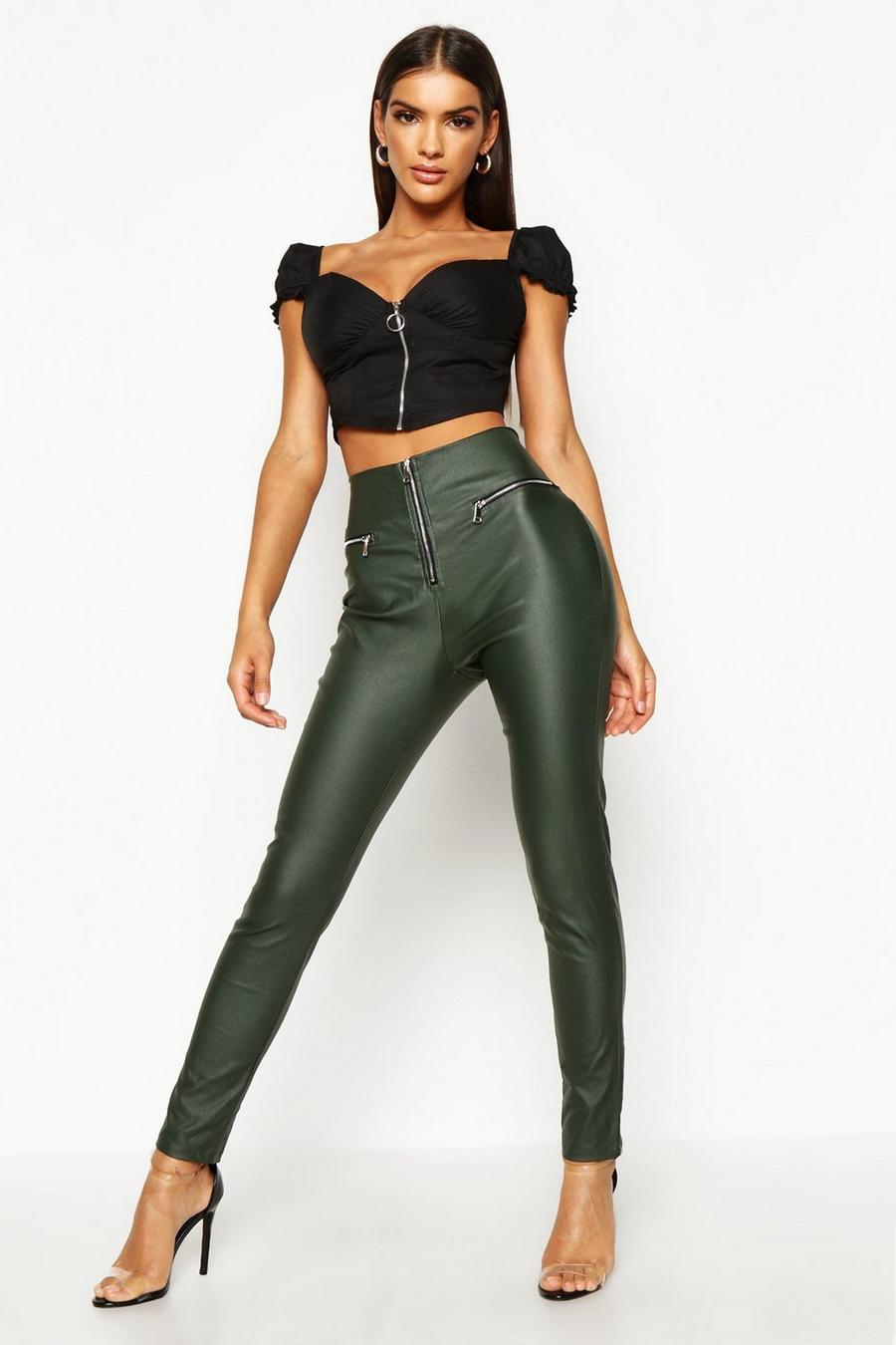 Khaki High Waist Leather Look Zip Side Pants image number 1