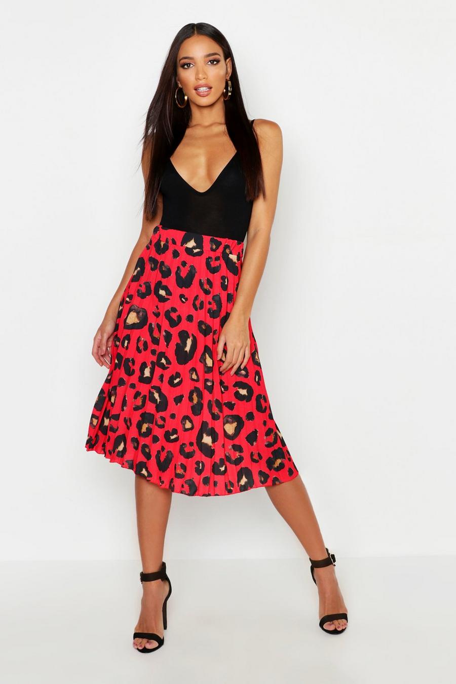 Red rosso Pleated Leopard Print Midi Skirt image number 1